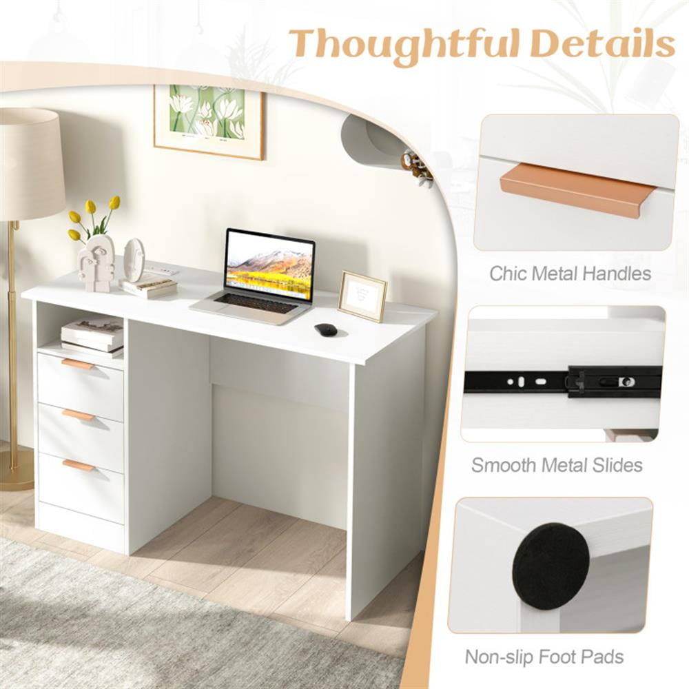 Demi Bonn Home Office Desk with Power Outlet 3 Storage Drawers and Open Compartment, Small Home Computer Desk Study Writing Table, White