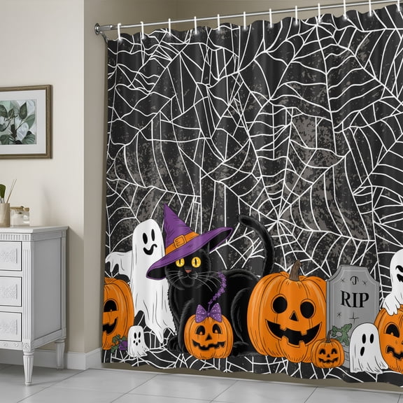 Shower Curtain, Halloween Pumpkin Ghost Black Cat Waterproof Shower Curtain Set with Hooks for Bathroom Showers,Stalls and Bathtubs,72x72in, Spiderweb Black White
