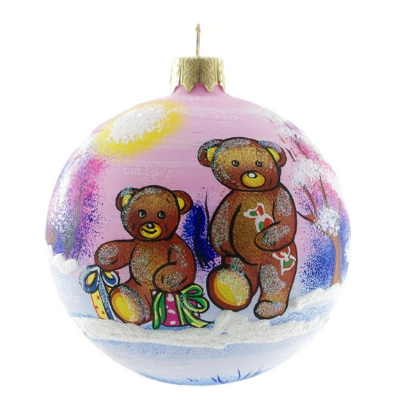"Bear Cubs With Presents" Hand Painted Glass Christmas Ornament.