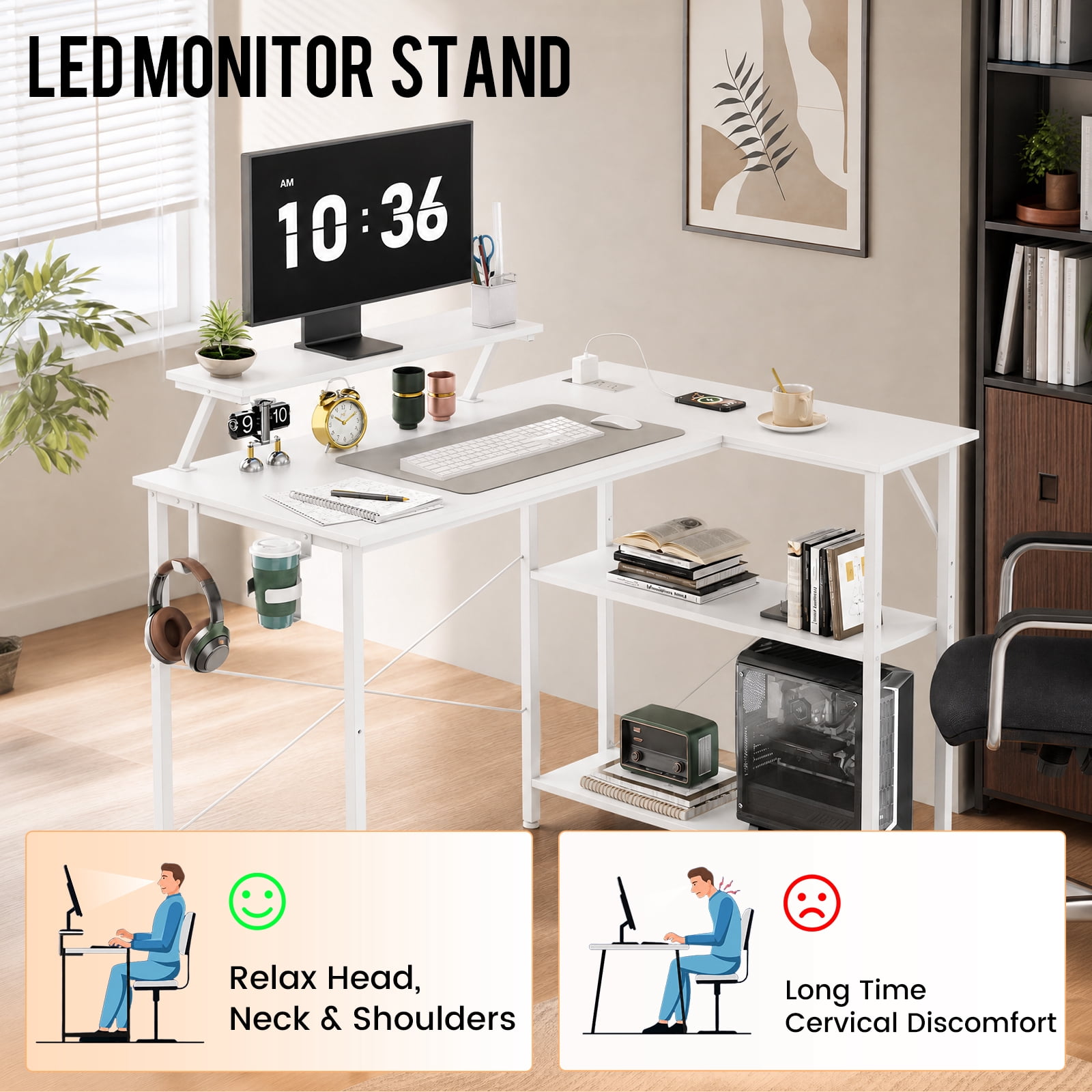 CLOUDREST PTO 42" L-Shaped Office Desk with Power Outlets & RGB LEDs, White