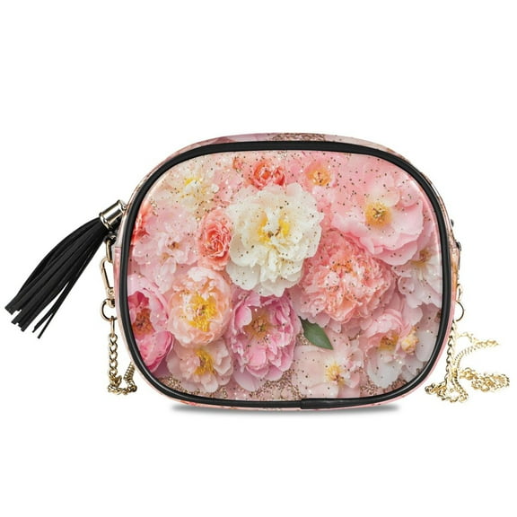 Womens Casual Chain Shoulder Bag Simple style Pink and White Flowers Glitter Crossbody Bag