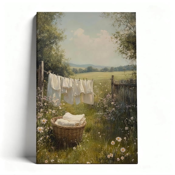 Countryside Laundry Day Canvas Wall Art, Rustic Farmhouse Decor, Serene Meadow Artwork for Home, Ready to Hang