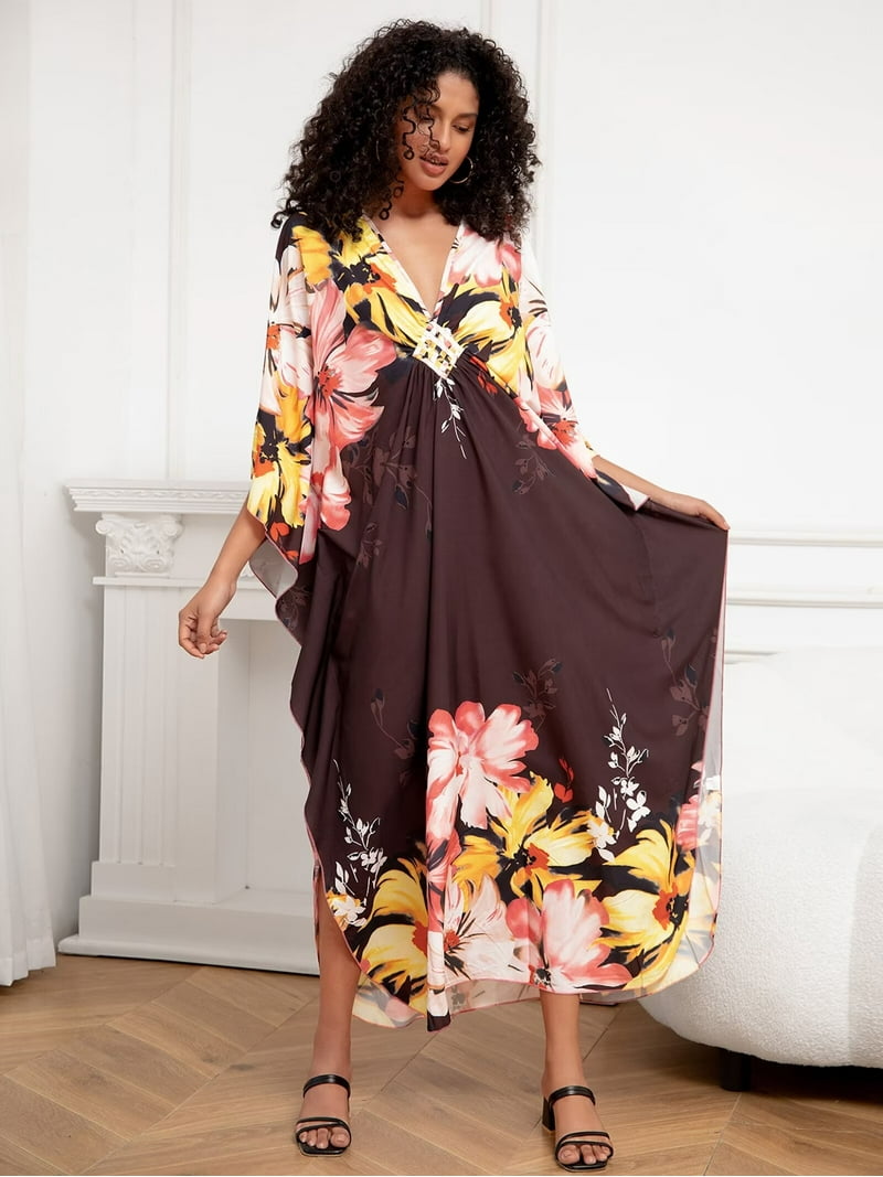 Edolynsa Womens Floral Kaftan Dress Plus Size Caftan Loungewear Bathing  Suit Cover up Maxi Beach Dress Older Women Summer Dress - Walmart.com