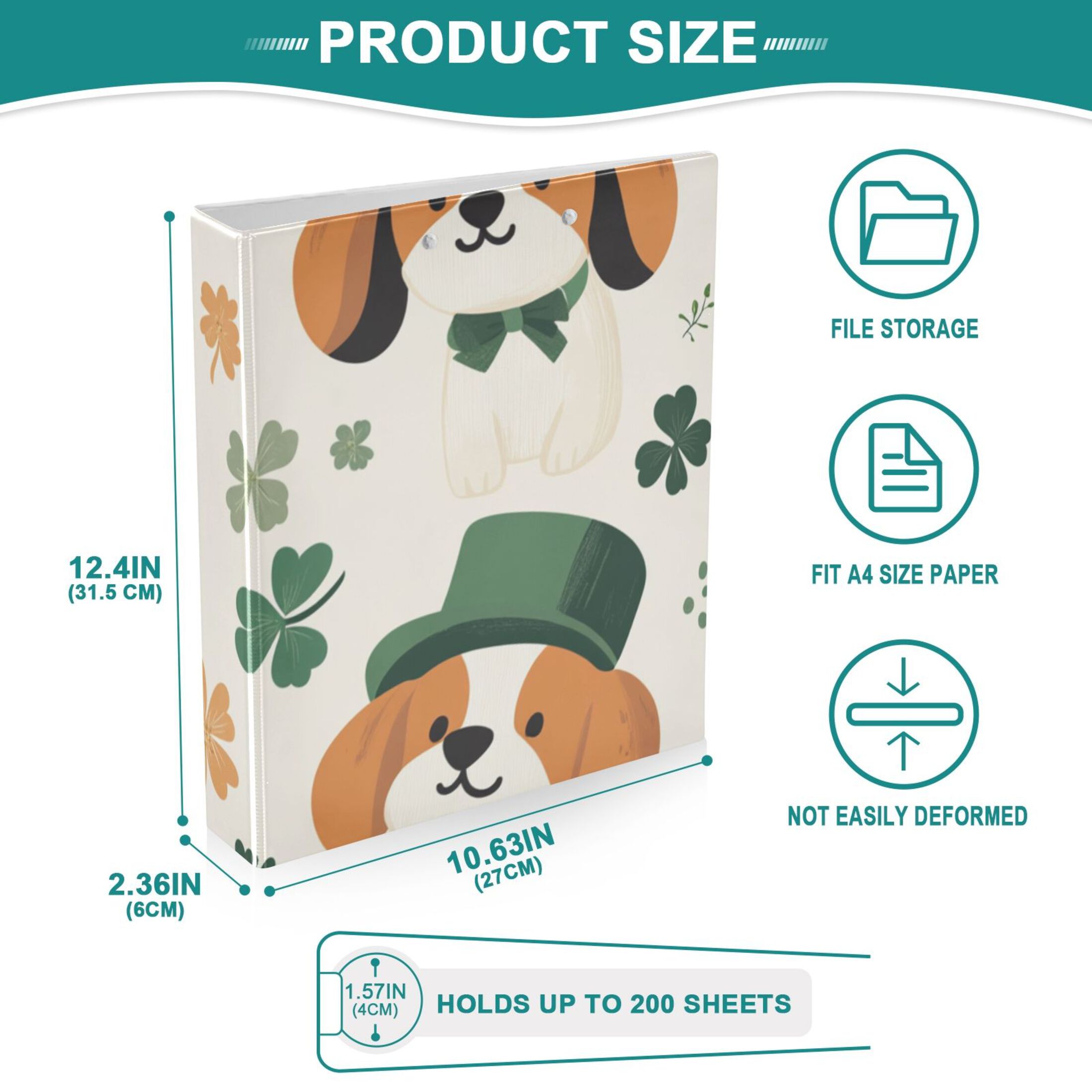 Four Leaf Clover Dogs 3 Ring Binders 1.5 inch Hardcover File Folders with Interior Pockets A4 Size Organizer for School Office Hospital