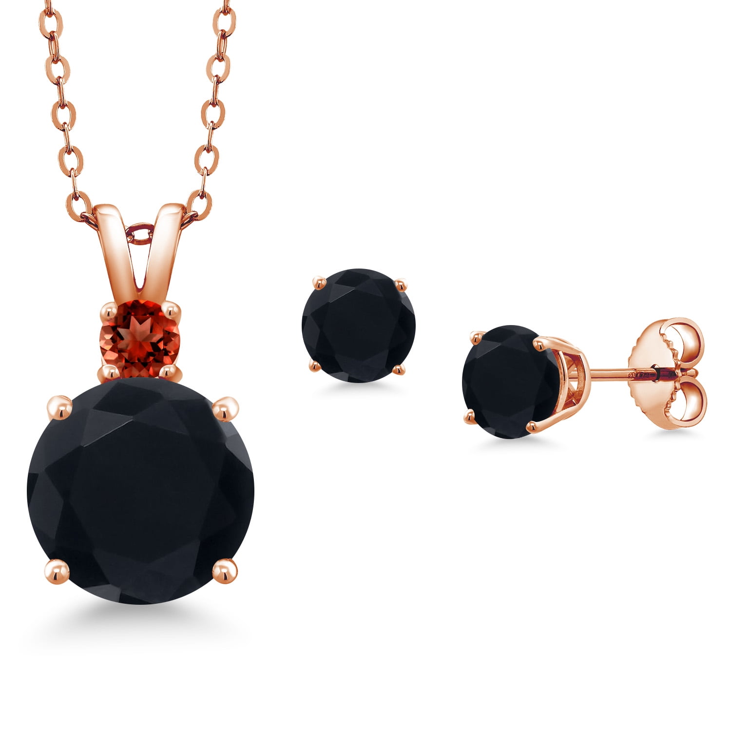 Gem Stone King 18K Rose Gold Plated Silver Round Black Onyx and Red Garnet Pendant and Earrings Jewelry Set for Women (4.15 Cttw, Gemstone Birthstone, with 18 inch Chain)