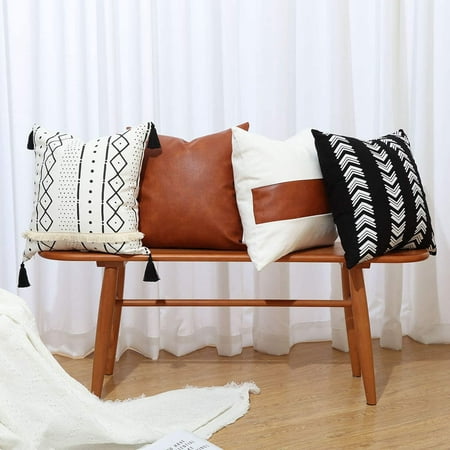 

GALMAXS7 Boho Throw Pillow Covers 16x16 Set of 2 - Modern Stripe Geometric Farmhouse Decorative Pillow Cover Sets for Pillows - Couch Sofa Bed Faux Leather Black and White Pillow Covers