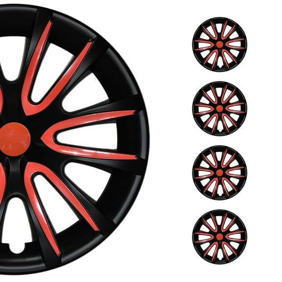 OMAC - Black Matt with Red Hub Caps 16 Inch Set of 4, Tapas para Rines 16, Premium Wheel Covers 16 Inch, R16 Rim Cover Set, Snap On Durable Car Replacement Exterior Accessories