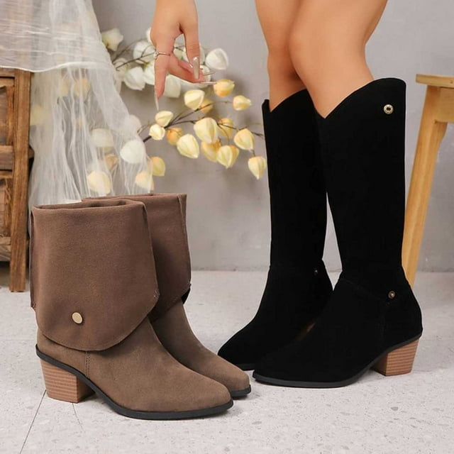 SEAOPEN Women's Slouchy Knee High Boots Fall Winter Flat Wide Double-Flange Mid Calf Booties Comfy Slip On Riding Boot Shoes Coffee,38