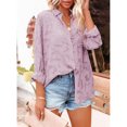 thumbnail image 3 of Blusa de oficina morada con botones de botonadura sencilla y cuello de encaje holgado, manga larga, 3 of 8