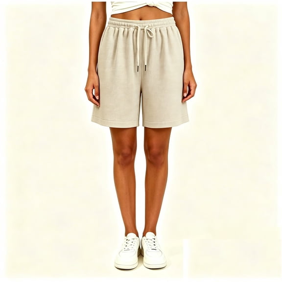 Binmer Women’s Waffle Knit Drawstring Loungewear Shorts with Pockets, Womens and Women's Beige,Size M-5XL