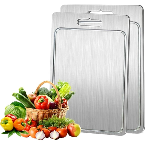 Benustra Titanium Cutting Board Double Sided, 2 Pack Stainless Steel Cutting Board with Groove Design, Titanium Chopping Boards Kitchen for Meat Vegetables Fruit, Food Grade Scale Board Butcher Block