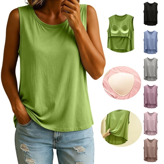 Women's Modal Casual Sleeveless Tank Top with Built‑in Bra Crew Neck Loose‑Fit Lightweight Loungewear Camisole Green S