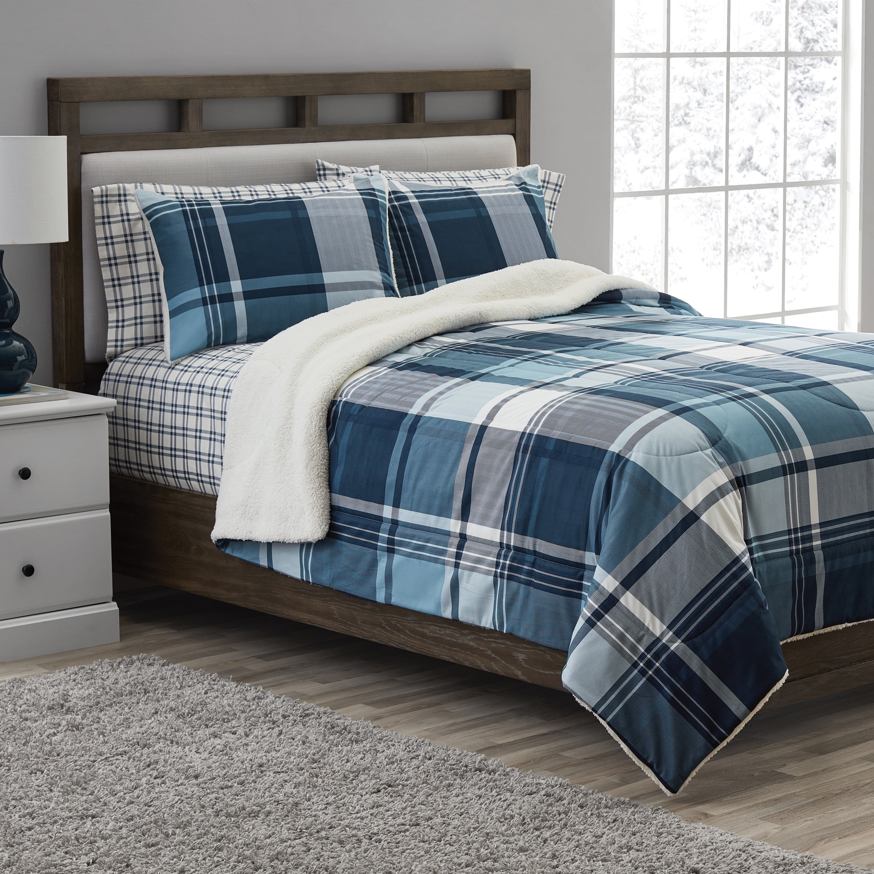 Blue plaid comforter set cheap queen