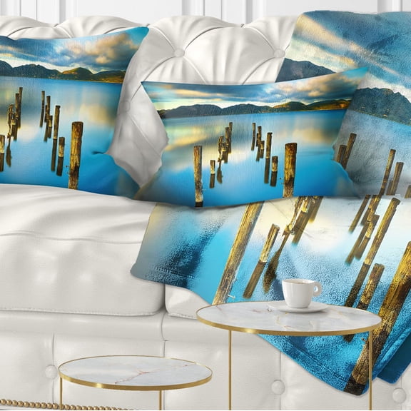 Designart Cloudy Lake with Broken Pier - Seascape Throw Pillow - 12x20