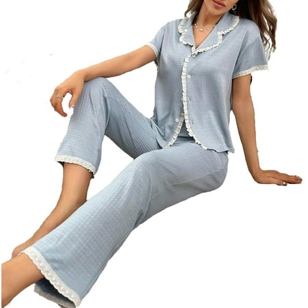 

Casual Plain Lapel Pants PJ Sets Short Sleeve Baby Blue Women Pajama Sets (Women s)