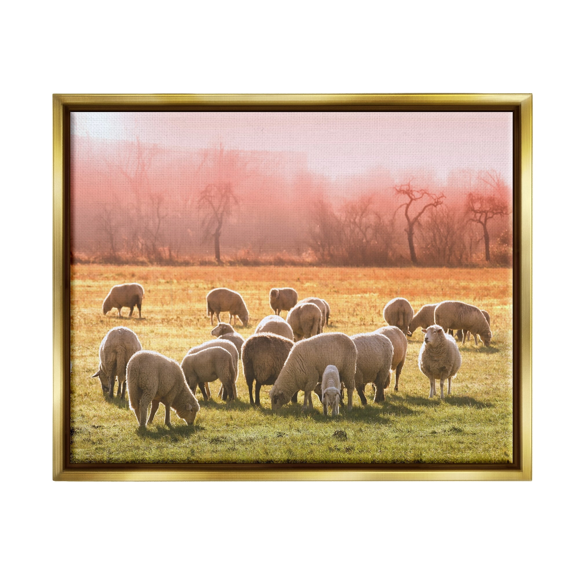 Stupell Industries Sheep Herd Grazing Warm Pink Sunset Rural Grassland Photograph Metallic Gold Floating Framed Canvas Print Wall Art, Design by Daphne Polselli