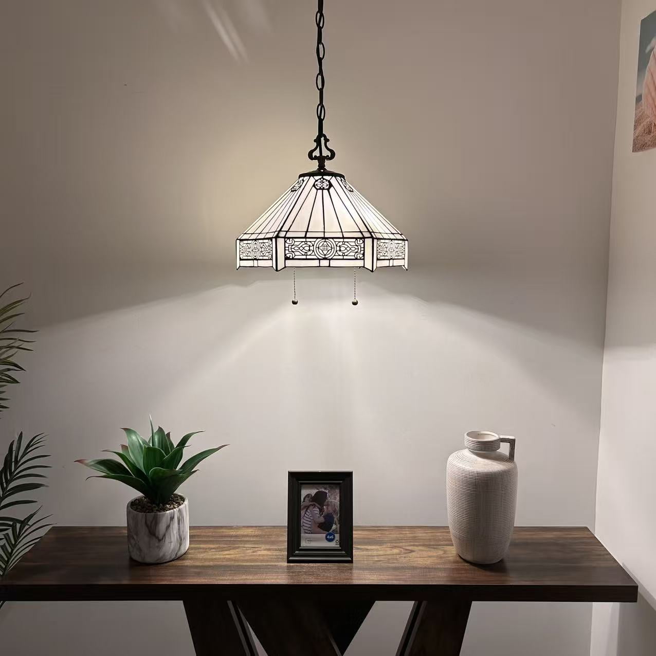 White Hexagon Stained Glass Pendant Lights Fixture LED Bulb Included for Dining Room Kitchen Island 16"W*16"D*75"H