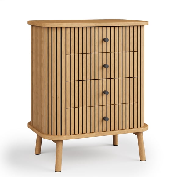 Cómoda alta de 4 cajones con diseño acanalado curvo – Almacenaje espacioso para dormitorio o pasillo – Tiradores y patas de madera – Estilo boho natural – Wild Oak