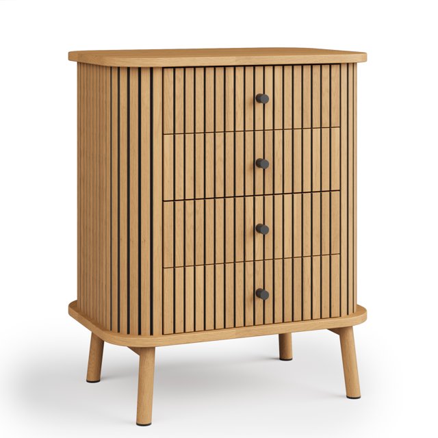 Cómoda alta de 4 cajones con diseño acanalado curvo – Almacenaje espacioso para dormitorio o pasillo – Tiradores y patas de madera – Estilo boho natural – Wild Oak