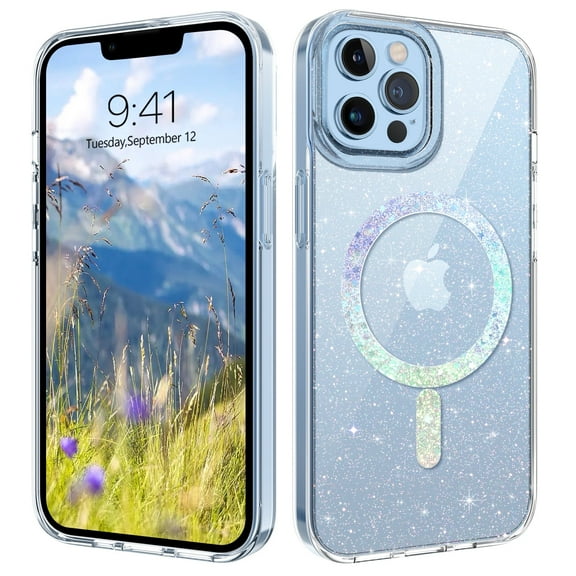 DOMAVER iPhone 13 Pro Max Case 6.7 Inch, MagSafe Compatible Clear Glitter Cover, Sparkle Bling Shockproof Protective Phone Case - Clear