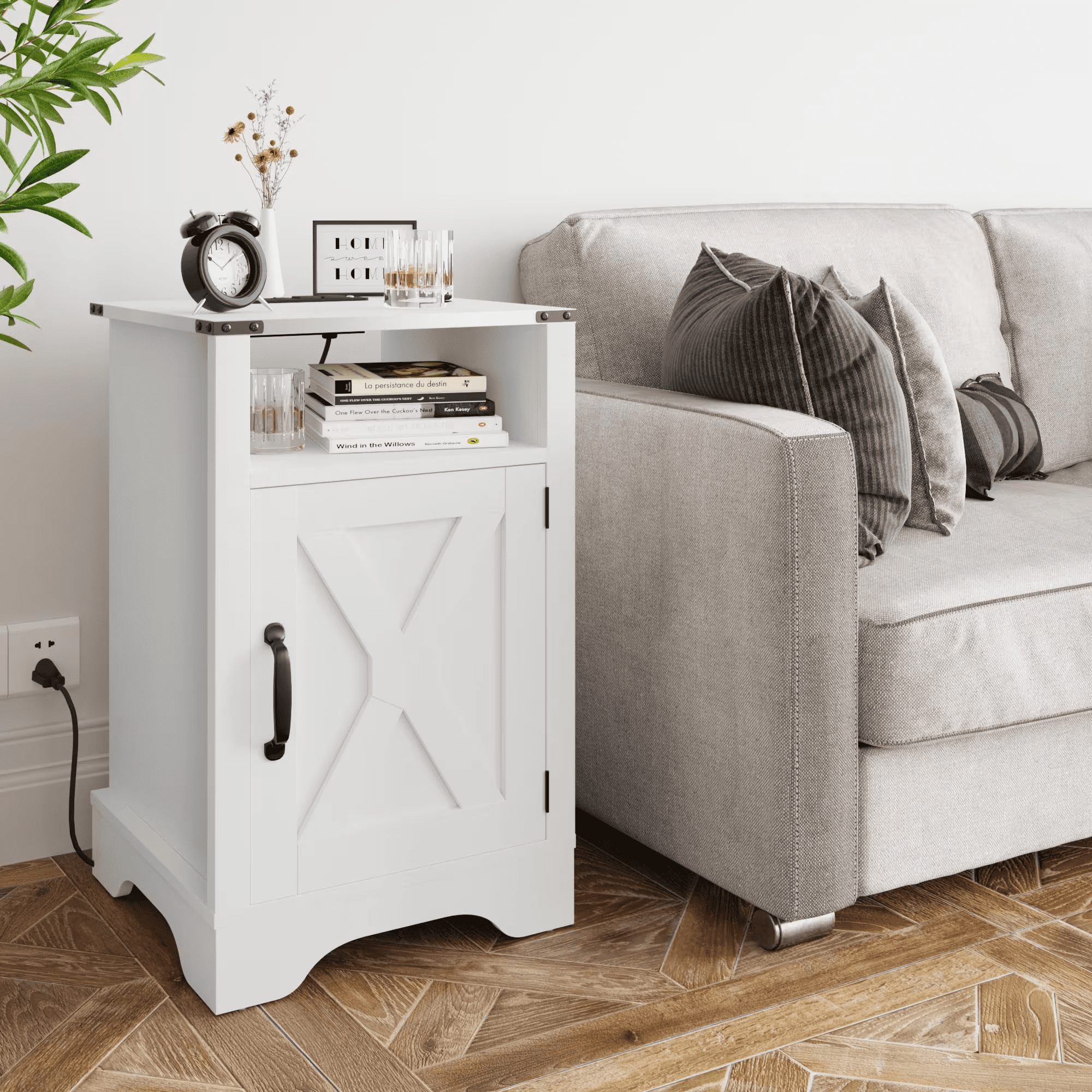 Farmhouse Nightstand with Charging Station Wooden Rustic End Table for Bedroom, Living Room, 16" D x 16" W x 25" H(Set of 1), White