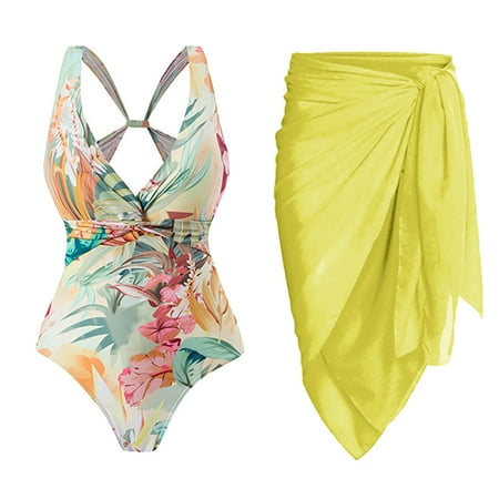 IBTOM CASTLE Women s One Piece Swimsuit with Beach Cover up Wrap Skirt Sarong Retro Floral Print Bikini Set Two Piece Bathing Suit M Yellow Floral