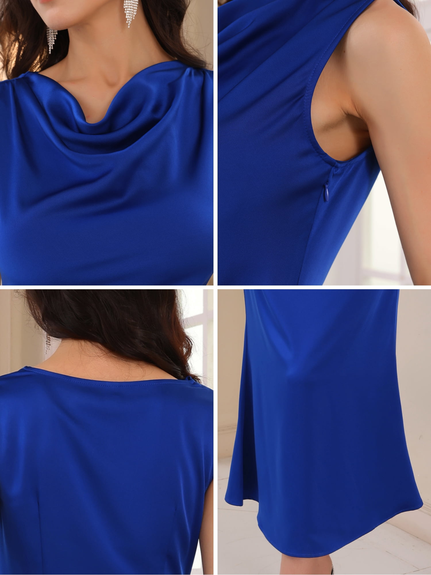 DARING DIVA Satin Cocktail Cowl Neck Ruched Sleeveless Maxi Dress XL Royal Blue