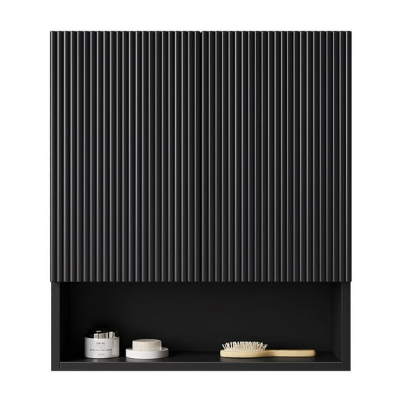 Bathroom Storage Cabinet TOBI 26" Wall-Mounted Striped Bathroom Cabinet, with Doors, Shelf and Open Storage Compartment Over The Toilet Storage Cabinet for Bathroom, Kitchen, Laundry Room, Black Colo