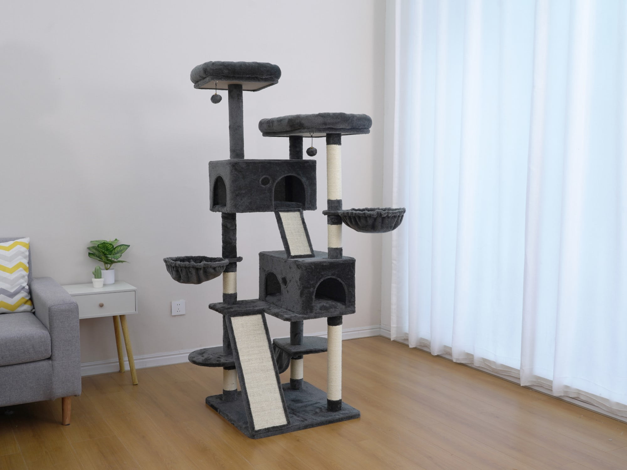 Vibrant Life Heavy Duty 8-Level 66" Cat Tree with Two Condos, Scratching Ramps, and Hammocks, Dark Gray