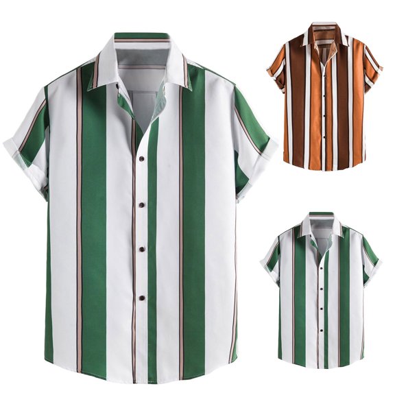 Liweisiy Men's Color Block Striped Shirts Collared Band Short Sleeve Breathable Baggy Shirts Summer Beach Vocation Casual Button Down Tops Green Xs