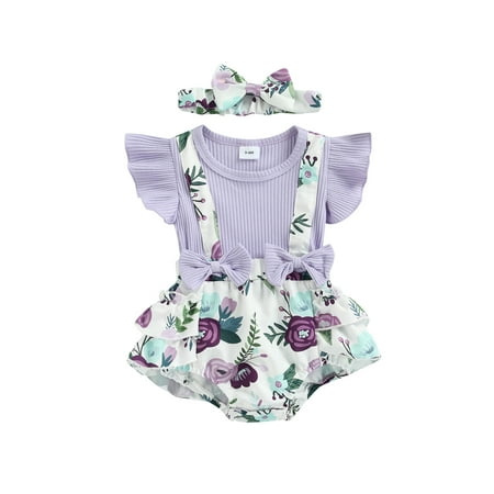 

Gzhioc 2 Pcs Newborn Casual Floral Print Outfits Baby Girls Ruffle Fly Sleeve Round Neck Patchwork Bodysuit + Bow Headband