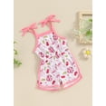 thumbnail image 6 of Aojekbee Little Girl Overalls Bow Print Neck Tie-Up Spaghetti Strap Shorts Jumpsuit Toddler Sleeveless Romper for Summer, 6 of 10