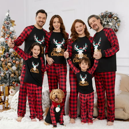 

PatPat Christma Family Matching Pajamas Set 2Piece Reindeer and Plaid Printed Long Sleeve Tee and Pyjamas Bottom Loungewear Baby Jumpsuit Onesise Flame Resistant