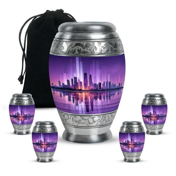 MUKTIVE City Burial Urns for Adult Male - 10 Inch Large Purple Cremation Urn - Decorative set of 5 Combo Urns for Human Ashes Adult Men - Burial Urn for Ashes for Women (1 Large, 4 Keepsake)