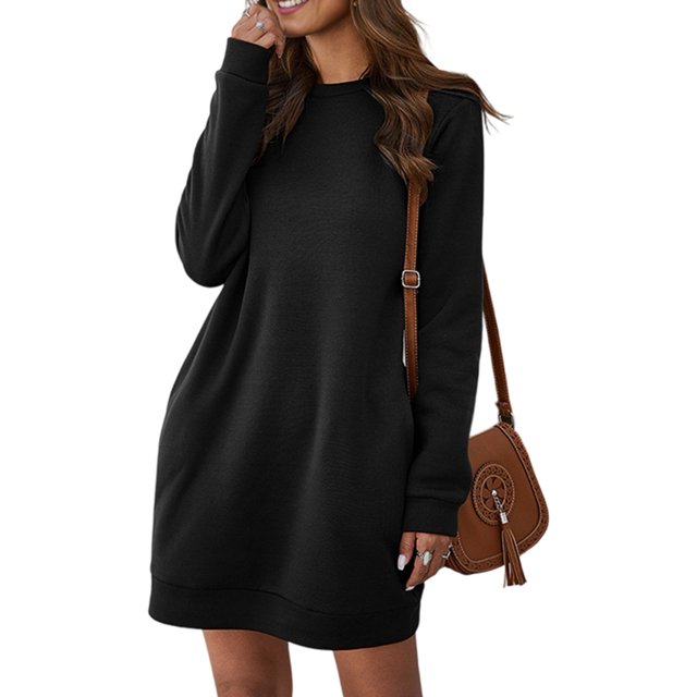 Robes pour Femmes à Manches Longues Décontractées Coupe Ample Mode d'Automne Robe Mini à Col Rond avec Poches
