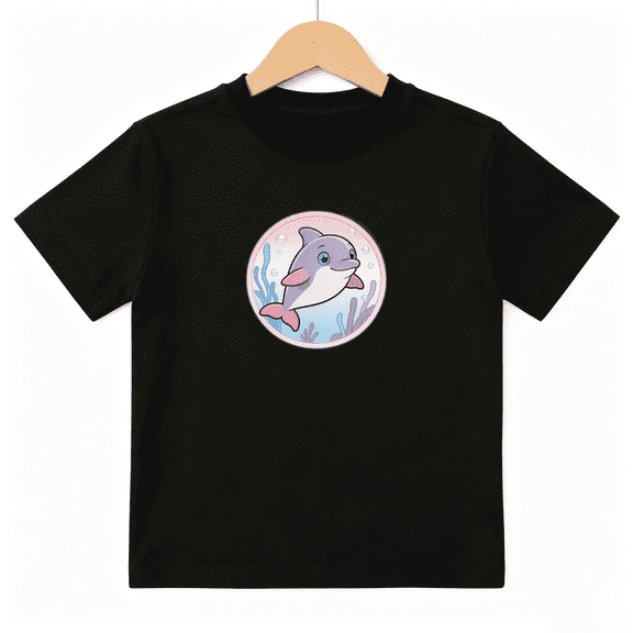Cute Dolphin Girls Graphic Tee, Funny Cartoon Sea Animal Ocean 100% Cotton Kids Short Sleeve T-Shirt