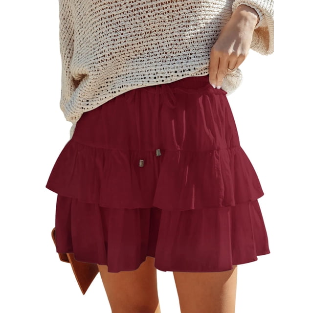 Pantalones cortos Aoudery Flowy para mujer, estilo bohemio, con volantes escalonados, rojos