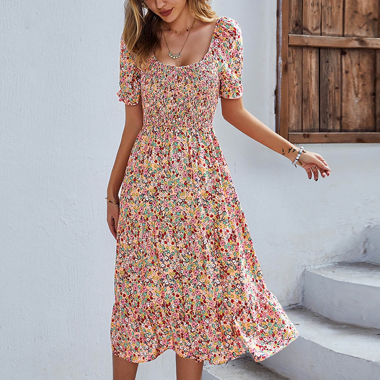 Women's Summer Floral Print Scoop Neck Midi Dress Casual Boho Short ...