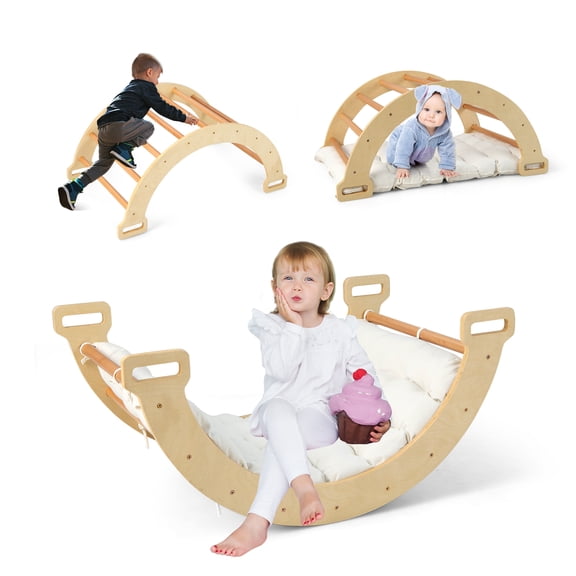 OLAKIDS 4 in 1 Arch Climbing Toys for Toddlers, Montessori Wooden Arch Climber Ladder Structure and Rocker with Cushion Pad, Waldorf Children Indoor Gym Learning Playset for Kids Boys Girls (Natural)
