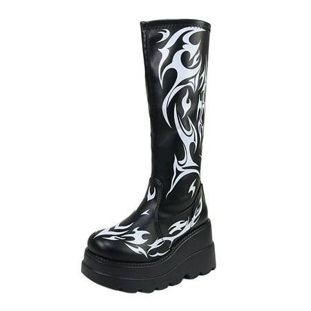 

GNEIKDEING Women Platform Chunky Shoes Casual Boots Wedges Punk Goth Zipper Mid Calf Boots Gift on Clearance