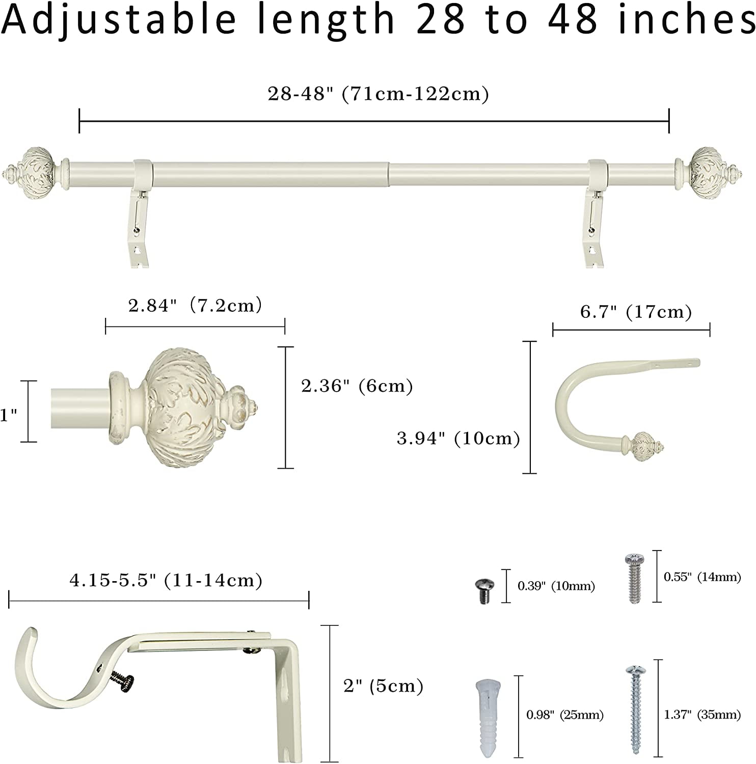 eTeckram 1" Curtain Rod with Albert Finials - 28" to 48", Weathered White