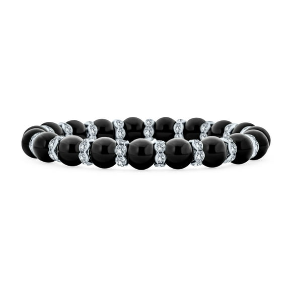Black Ball Bead Stackable Strand Stretch Bracelet for Women White Crystal Rondelle Spacer Silver Plated Brass
