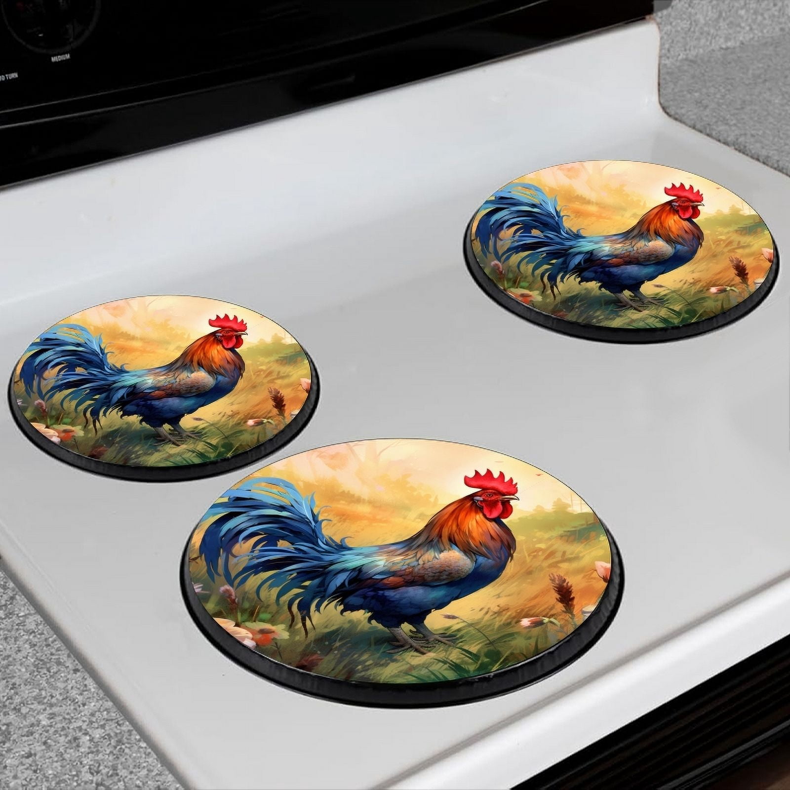 Bahomeck Electric Stove Burner Covers Set Of 4,Vibrant Rooster Standing Tall In The Center Of Idyllic Farm Scene Metal Gas Stove Burner Covers,Protecting Gas Stoves,8 Inch And 10 Inch