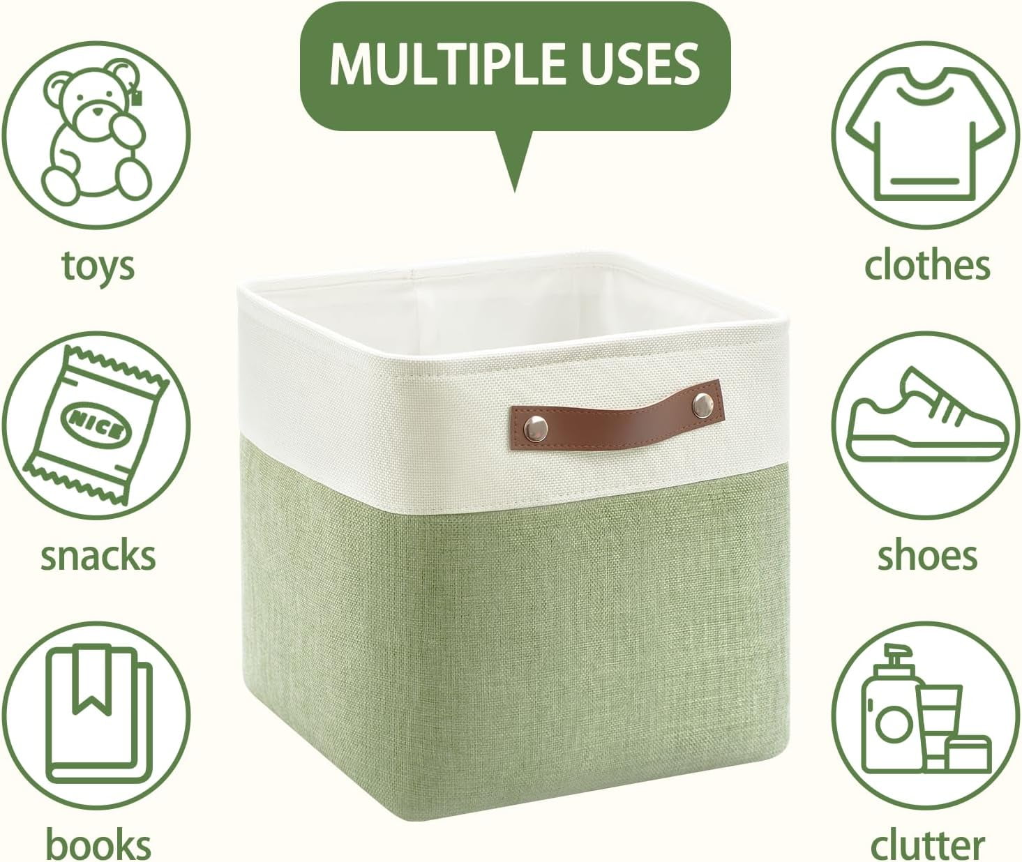 Collapsible Fabric Cube Storage Bins 11x11×11, Pack of 4 Closet Basket Boxes with PU Handles for Organizing Shelves, Toys, Clothes, Home, Office (White & Green)