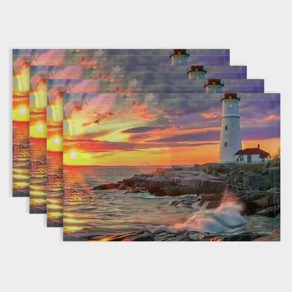 Shiartex Lighthouse Sunset Rocky Shore 4pcs Indoor Outdoor Table Placemat Linen 100% Table Mat for Birthday Parties, Christmas, Restaurants, Buffets, Home Decoration 18x12in