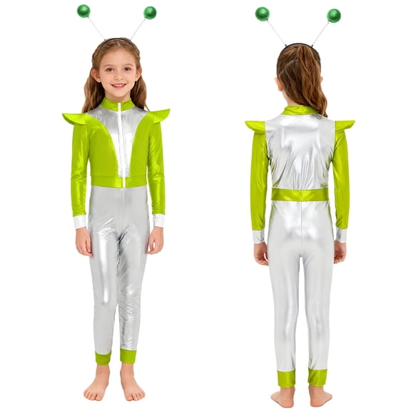 Aislor Girls Alien Cosplay Long Sleeve Metallic Bodysuit with Funny Hair Hoop for Theme Parties Green 8