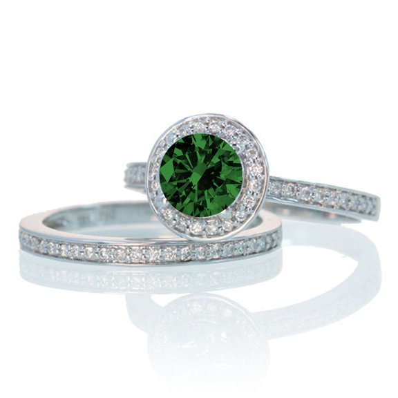 2 Carat Unique Classic Halo Round Emerald and Diamond Bridal Ring Set on 10k White Gold