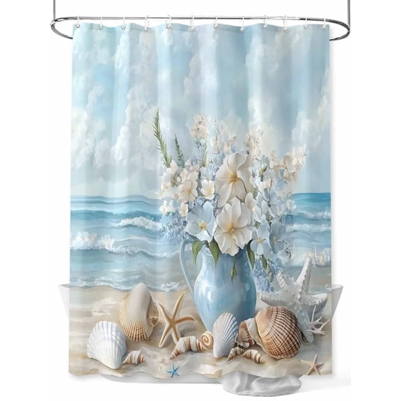 Summer Beach Shower Curtain, Flower Vase Coastal Starfish Seashell Waterproof Shower Curtain Set with 12 Hooks Lightweight Washable Fabric Shower Curtains for Bathroom 36x72 Inches