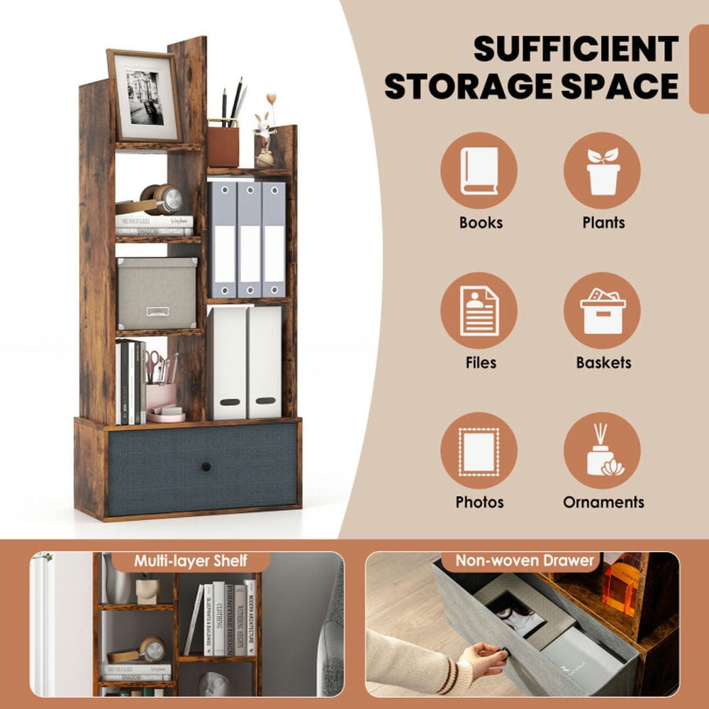 Demi Bonn 7-Tier Open-Back Bookshelf with Drawer, Space-Saving Storage Rack Bookcase, Brown