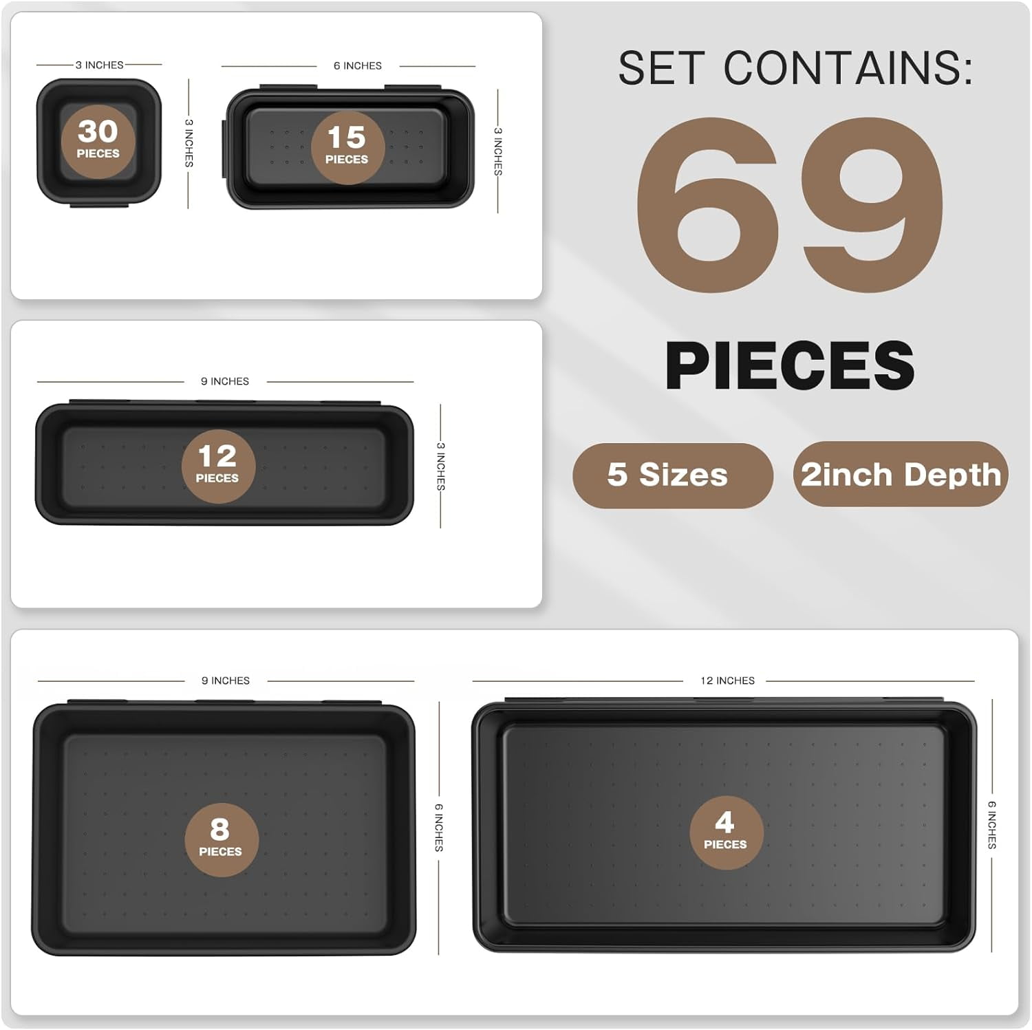 【𝟱𝟴𝗣𝗰𝘀】【5 Size】 Tool Box Organizer Tray Divider Set, 【Black】 Desk Drawer Organizer, Garage Organization and Storage Toolbox Accessories Rolling Tool Chest Cart Cabinet WorkBench Small Part
